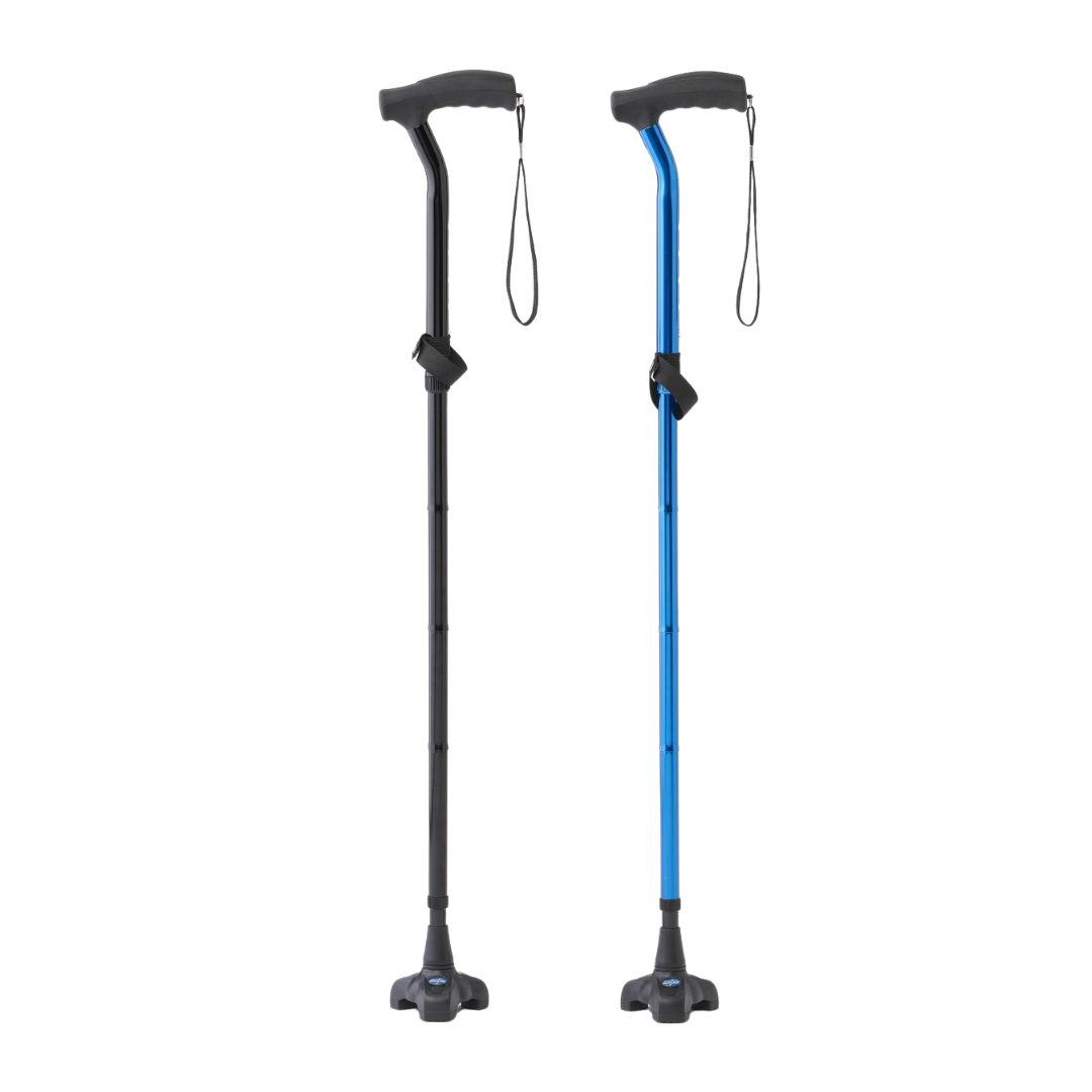 Two Medline TriGlide Stand-Alone Folding Canes—one black, one metallic blue—with adjustable height, ergonomic gel handles, wrist straps, and stable quad-pronged rubber tips for extra support, similar to a pivoting base cane.